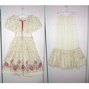 70s Vtg Midi Dress & Petticoat Size XXS Tiered 2 Piece Cottagecore Boho Prairie